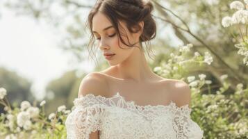 ein romantisch weg von der Schulter Kleid im ein zart Spitze Stoff inspiriert durch Antiquität Deckchen und handgemacht mit traditionell Klöppeln Techniken. perfekt zum ein Sommer- weddin foto