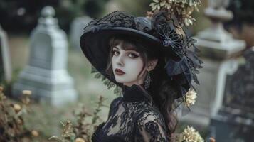 umgeben durch Grabsteine und welk Blumen ein Goth Mädchen posiert im ein vintageinspiriert schwarz Kleid gekrönt mit ein breitkrempig Hut und ein Spitze Sonnenschirm foto