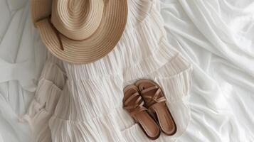 ein fließend mittellang Kleid im ein Licht neutral Ton gepaart mit einfach braun Leder Sandalen und ein natürlich Stroh Hut zum ein minimalistisch und strandig Stimmung foto