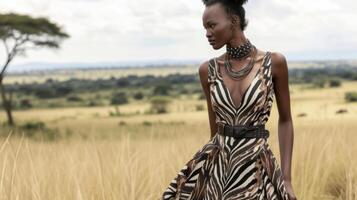 ein fließend maxi Kleid im ein Zebra drucken geschnallt beim das Taille mit ein Leder Gürtel und mit Accessoires ausgestattet mit ein Perlen Halskette zum ein Safari schick Ensemble foto