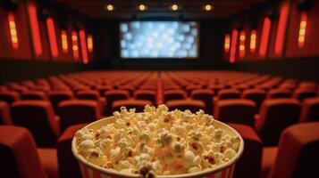 Hintergrund ein Film Theater wo Liebe Geschichten sind Entfaltung auf das groß Bildschirm und das Geruch von Popcorn füllt das Luft foto