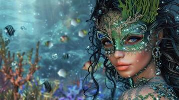 ein mystisch Meerjungfrau dd im schimmernd Grün und Blau Stoffe mit ein Seetanginspiriert Maske schmücken ihr Gesicht. im das Hintergrund ein funkelnd unter Wasser Königreich mit beschwingt cora foto