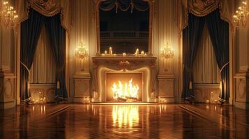 Hintergrund ein majestätisch Kamin im ein großartig Ballsaal mit Sanft Kerzenlicht glühend gegen das Samt Vorhänge foto