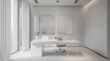 ein minimalistisch Arbeitsplatz mit ein alles weiß Farbe planen mit ein glatt Weiß Schreibtisch und Wände geschmückt mit abstrakt Kunstwerk im stumm geschaltet Farben foto