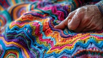 ein Person zeigt an aus ihr gehäkelt Decke aufwendig gemustert und voll von beschwingt Farben foto