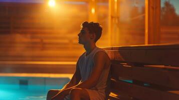 ein jung Tennis Spieler entspannend im das Sauna mit Hitze Therapie zu Leichtigkeit wund Muskeln und verbessern Flexibilität. foto