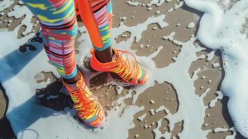 ein hell gemustert ein Stück mit ein Reißverschluss Vorderseite und ein Paar von Neon- Orange Wasser Schuhe Ideal zum ein Hohe Intensität Strand trainieren auf ein überfüllt städtisch Strand foto