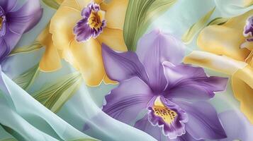 ein fließend und feminin wickeln Kleid geschmückt mit Fett gedruckt Orchideen im Schatten von lila und Gelb kanalisieren ein romantisch Garten Stimmung foto