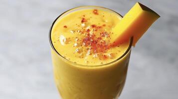 hingeben im ein erfrischend Sommer- behandeln mit diese y Mango Smoothie Sprengung mit tropisch Aromen und gekrönt aus mit ein feurig Mango Keil zum ein extra trete foto