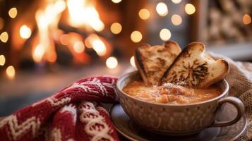 das perfekt Winter Snack getoastet Brot Bären mit ein warm Schüssel von Suppe durch das Kamin. köstlich und bezaubernd Sie werden machen Sie Gefühl mögen Winterschlaf mit ein voll Bauch foto