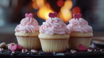 diese Cupcakes kann Sein auch e zu Essen mit Pastell- Rosa Glasur und Mini herzförmig Topper Sie machen das perfekt Zusatz zu ein gemütlich Nacht durch das Kamin. gerade Sein sicher t foto