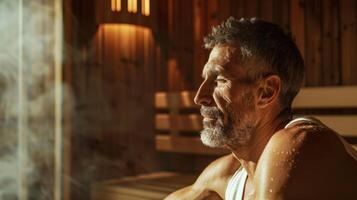 ein Mann mit chronisch Schmerzen finden Linderung im ein Sauna wie das Hitze erhöht sich fließen zu seine Muskeln und Gelenke reduzieren Entzündung und Lockerung seine leichte Schmerzen. foto