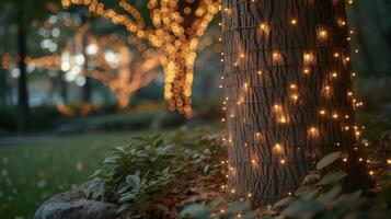 ein kreativ Anzeige von Fee Beleuchtung eingewickelt um das Kofferraum von ein alt Baum Erstellen ein magisch und wunderlich Atmosphäre im das Garten foto