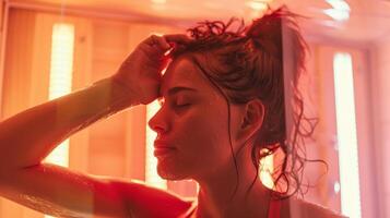 ein Frau abwischen Weg Schweiß von ihr Stirn nach ein heftig Infrarot Sauna Session Gefühl erfrischt und erneuert. foto