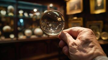 ein Nahansicht von ein Führer Hand halten ein Vergrößerung Glas zu verraten versteckt Einzelheiten im ein Selten und zart Objekt während ein Privat Museum Tour foto