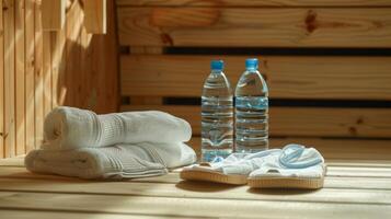 ein Handtuch ein Flasche von Wasser und ein Paar von Hausschuhe gelegt aus im Vorderseite von ein Sauna bereit zum verwenden. foto