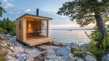 ein direkt am Strand Sauna Das Verwendet umweltfreundlich geothermisch Heizung Bereitstellung ein nachhaltig und szenisch Erfahrung. foto