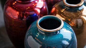 ein einstellen von glänzend Juwelenfarben Vasen jeder einer gefertigt mit mehrere Schichten von Glasur im komplementär Farben zu erstellen ein Reich und luxuriös Aussehen. foto