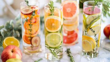 ein DIY Wasser Infuser Bahnhof wo Gäste können anpassen ihr besitzen Wasser mit Scheiben von ihr Liebling Früchte und Kräuter foto