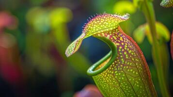 ein Nahansicht von ein charmant grünlich Krug Pflanze bereit zu Erfassung ahnungslos Insekten foto