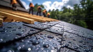 ein Sektion von ein Dach Sein Eingerichtet mit Arbeitskräfte vorsichtig Platzierung reflektierend Materialien Das werden Hilfe behalten das Haus cool während heiß Sommer- Monate. das Bildbeschriftung liest mak foto