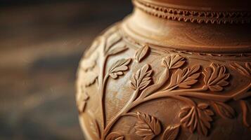 ein fertig graviert Lehm Vase Sport ein glatt und glänzend Oberfläche Das Highlights das Kontrast zwischen das graviert und unberührt Teile von das Ton. foto