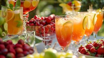 ein Tabelle gefüllt mit köstlich und kreativ nicht alkoholisch Getränke von funkelnd Obst Schläge zu gefroren Mocktails fügt hinzu ein festlich berühren zu ein Alkoholfrei Abschluss Party foto