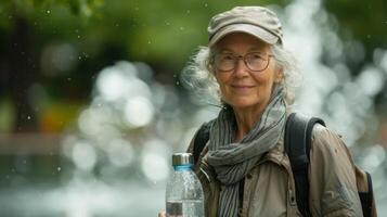 ein Alten Frau trägt ein stilvoll Metall Wasser Flasche Nachfüllen es beim Wasser Brunnen während das Tag stattdessen von Kauf Plastik Flaschen foto