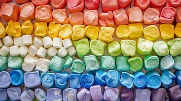 ein Tablett von bunt Marshmallows perfekt zum Braten vereinbart worden im ein Regenbogen Muster foto
