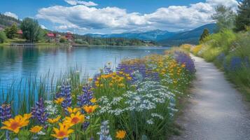 ein malerisch Seeufer Pfad gefüttert mit beschwingt Wildblumen und Angebot das perfekt Stelle zum ein gemächlich Bummel während Pensionierung foto