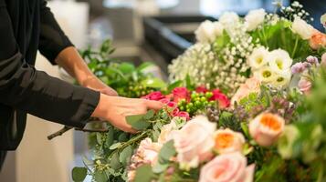 ein Blumenstrauß basteln Bahnhof wo Gäste können erstellen ihr besitzen Blumen- Vereinbarungen zu nehmen Zuhause wie ein Erinnerung von das Besondere Tag foto