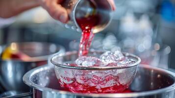 Köche Hände vorsichtig Gießen ein beschwingt rot Flüssigkeit in ein Sieb Über ein Glas gefüllt mit Eis foto