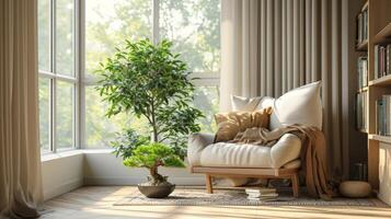 ein still Pensionierung Alkoven präsentieren ein übersichtlich Raum mit ein Plüsch Sessel ein Stapel von Geliebte Bücher und ein zart Bonsai Baum zum ein berühren von Natur foto