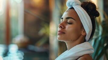 ein heiter Bild von ein Frau Schritt aus von das Sauna mit Perlen von Schweiß auf ihr Braue und ein Handtuch um ihr Hals verkörpern das Gefühl von Verjüngung und Revitalisierung Das Sauna Therapie foto