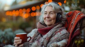 mit ein Tasse von Tee im Hand ein Senior Frau genießt ein entspannend Nachmittag im ihr Hinterhof während Hören zu ein Spanisch Audio- Lektion auf ihr Kopfhörer foto