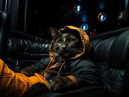 ai generiert das Katze Lügen auf das Sofa im ein dunkel Zimmer auf ein verschwommen Hintergrund generativ ai foto