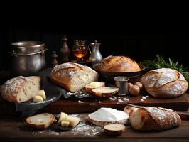 ai generiert frisch gebacken Brot auf ein hölzern Tafel generativ ai foto