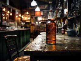 ai generiert Flasche von Bier auf das Bar Zähler verschwommen Hintergrund im Bokeh generativ ai foto