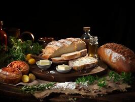 ai generiert frisch gebacken Brot auf ein hölzern Tafel generativ ai foto