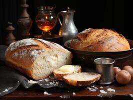 ai generiert frisch gebacken Brot auf ein hölzern Tafel generativ ai foto