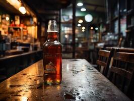 ai generiert Flasche von Bier auf das Bar Zähler verschwommen Hintergrund im Bokeh generativ ai foto