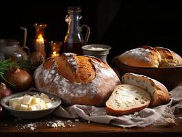 ai generiert frisch gebacken Brot auf ein hölzern Tafel generativ ai foto