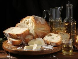 ai generiert frisch gebacken Brot auf ein hölzern Tafel generativ ai foto