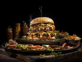 ai generiert saftig Burger auf hölzern Tafel auf verschwommen Hintergrund generativ ai foto