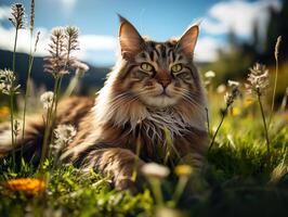 ai generiert flauschige Katze Lügen auf das Gras auf ein verschwommen Hintergrund generativ ai foto