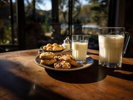 ai generiert Kekse im ein Teller und Milch auf ein verschwommen Hintergrund generativ ai foto