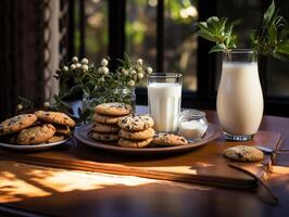 ai generiert Kekse im ein Teller und Milch auf ein verschwommen Hintergrund generativ ai foto