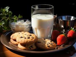 ai generiert Kekse im ein Teller und Milch auf ein verschwommen Hintergrund generativ ai foto