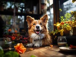 ai generiert froh Corgi auf ein verschwommen Hintergrund generativ ai foto