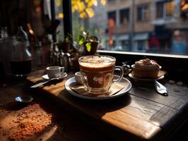 ai generiert ein Tasse von Kaffee auf ein hölzern Tabelle im ein Restaurant generativ ai foto